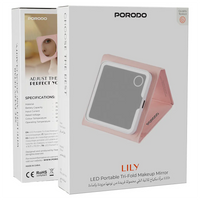 مرآة مكياج بورودو ليلي ثلاثية الطي بإضاءة LED وبطارية 320mAh - وردي | Porodo LILY LED Portable Tri-Fold Makeup Mirror Pink