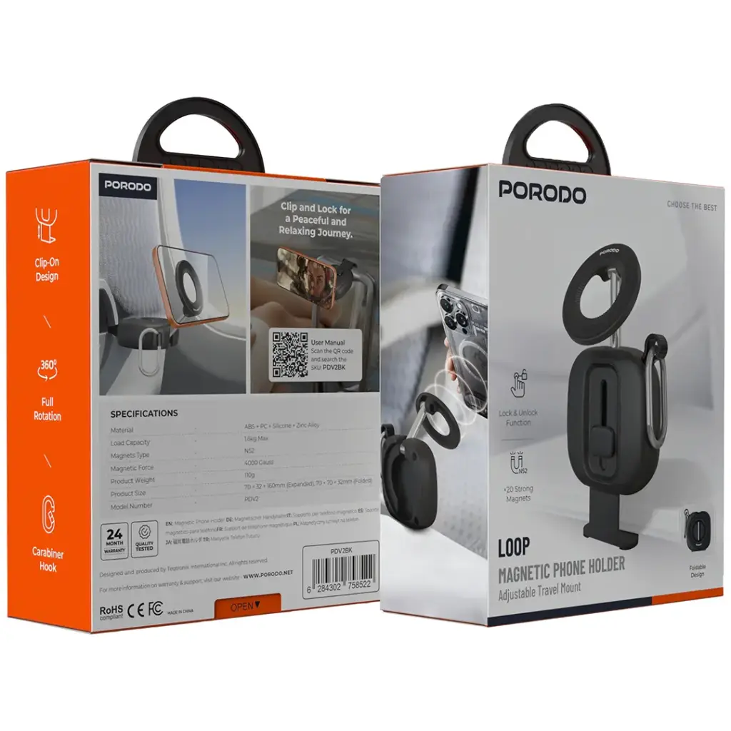 Porodo Loop Magnetic Phone Holder with Adjustable Travel Base - Black | حامل هاتف مغناطيسي Porodo Loop مع قاعدة سفر قابلة للتعديل - أسود