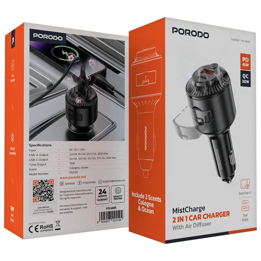 شاحن سيارة 2 في 1 مع معطر جو - Porodo 2 In 1 Car Charger with Scent Diffusion