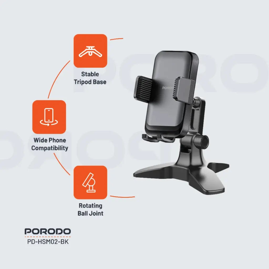 حامل هاتف مكتبي متعدد الزوايا من بورودو لهواتف بحجم 4.7 انش حتى 7 انش - اسود | Porodo Universal Adjustable 4.7" to 7" Phone Stand – Black