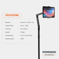 Porodo 360° Zivirîner û Verastbar, Piştgira Erdê ya Telefon û Tabletê - Reş | 1.65m
