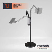 Porodo 360° Zivirîner û Verastbar, Piştgira Erdê ya Telefon û Tabletê - Reş | 1.65m