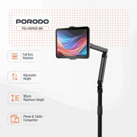 Porodo 360° Zivirîner û Verastbar, Piştgira Erdê ya Telefon û Tabletê - Reş | 1.65m