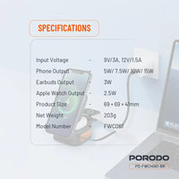 Porodo 25W 3-in-1 Pocket-Sized Folding Wireless Charger - Black | شاحن لاسلكي قابل للطي 3 في 1 من بورودو - أسود