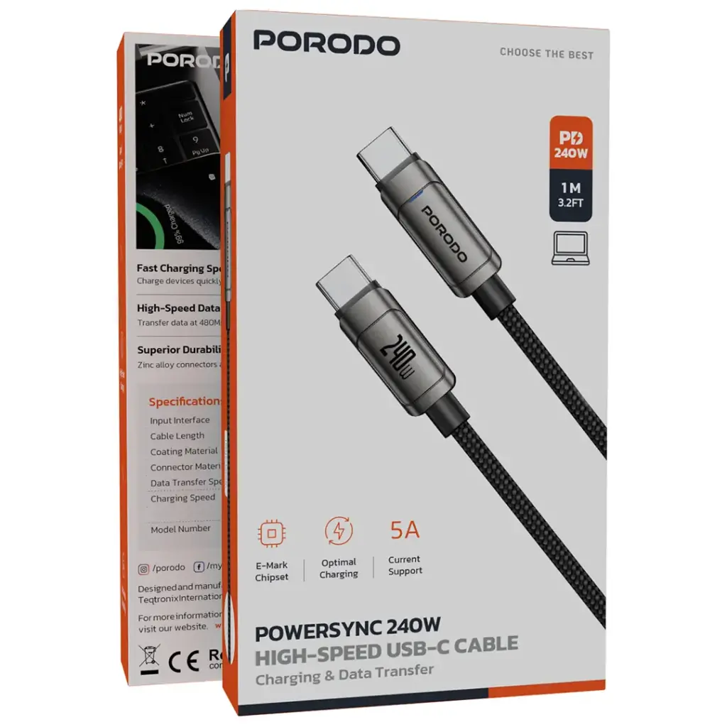 كابل بورودو باور سينك USB-C عالي السرعة 240W - رمادي | Porodo PowerSync High Speed USB-C Cable 240W - Gray