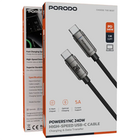 كابل بورودو باور سينك USB-C عالي السرعة 240W - رمادي | Porodo PowerSync High Speed USB-C Cable 240W - Gray