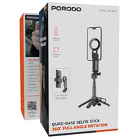 Porodo Quad-Base Selfie Stick with 360° Full Angle Rotation - Black | عصا سيلفي بورودو بقاعدة رباعية ودوران 360° - أسود
