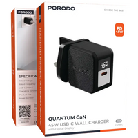 شاحن حائط بورودو Quantum GaN 45W USB-C مع كيبل Type-C - أسود | Porodo Quantum GaN 45W USB-C Wall Charger with Type-C Cable Black
