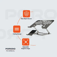 حامل بورودو الذكي القابل للطي 2 في 1, لاجهزة اللابتوب والهاتف - فضي | Porodo 2-in-1 Adjustable and Foldable Laptop with Phone Stand - Silver.