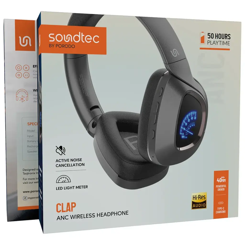 Porodo Soundtec Clap ANC Wireless Headphone | سماعة رأس بورودو ساوندتك كلاب لاسلكية مع إلغاء الضوضاء ANC