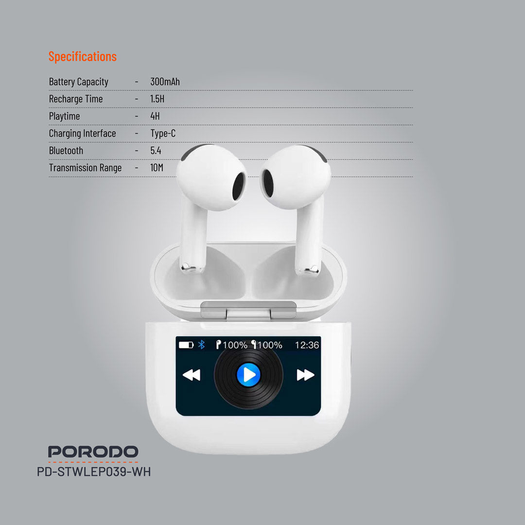 سماعة بورودو ساوندتيك TWS بخاصية الغاء الضوضاء وشاشة لمس, تشغيل حتى 4 ساعات - ابيض | Porodo Soundtec TWS ANC Earphone with Touch Screen, 4H Playtime – White