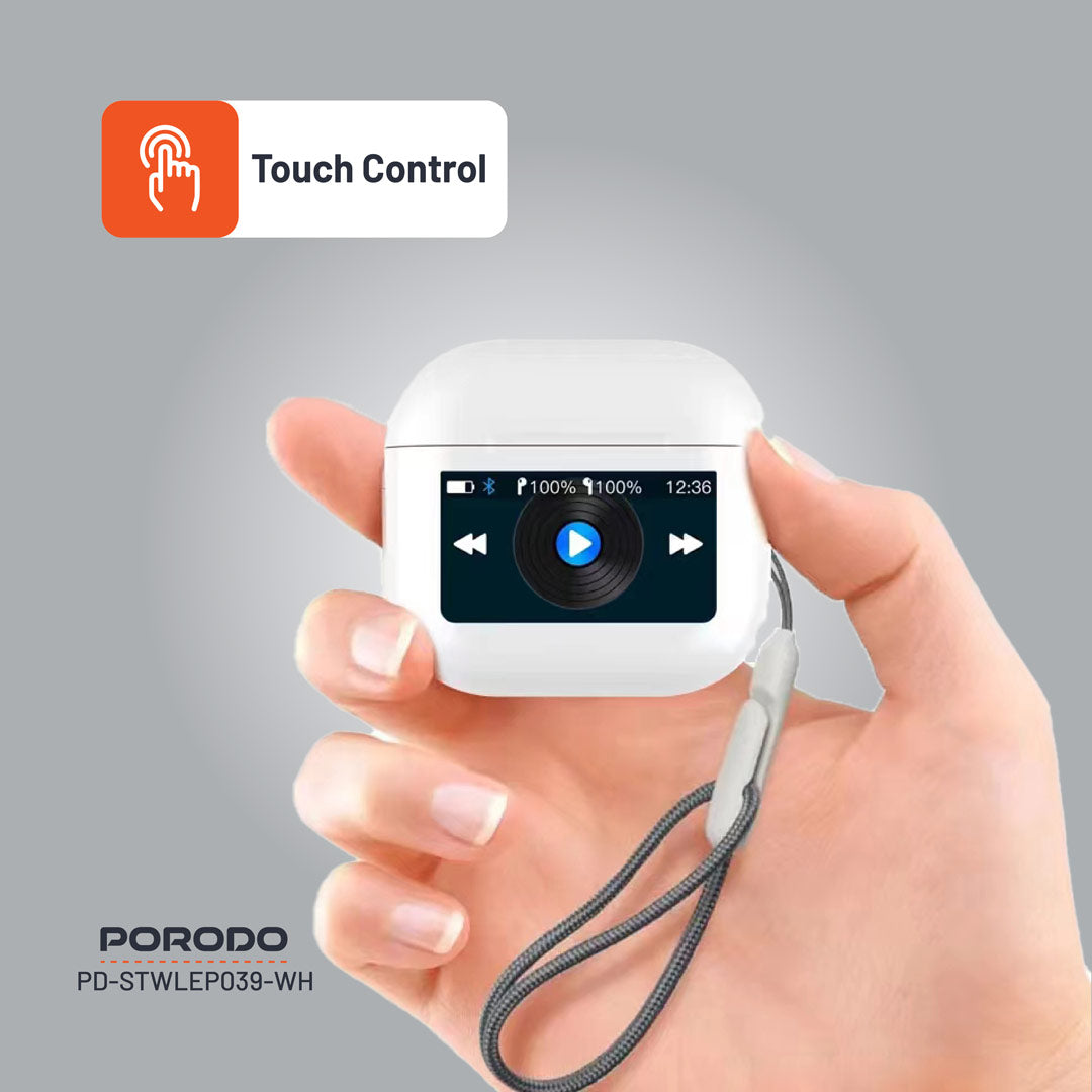 سماعة بورودو ساوندتيك TWS بخاصية الغاء الضوضاء وشاشة لمس, تشغيل حتى 4 ساعات - ابيض | Porodo Soundtec TWS ANC Earphone with Touch Screen, 4H Playtime – White