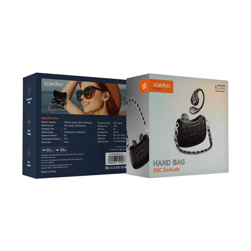 Porodo Soundtec Bluetooth ENC Earbuds with Ear-hook and Compact Bag-style | سماعات بلوتوث بورودو ساوندتك مع خاصية إلغاء الضوضاء وحقيبة مدمجة