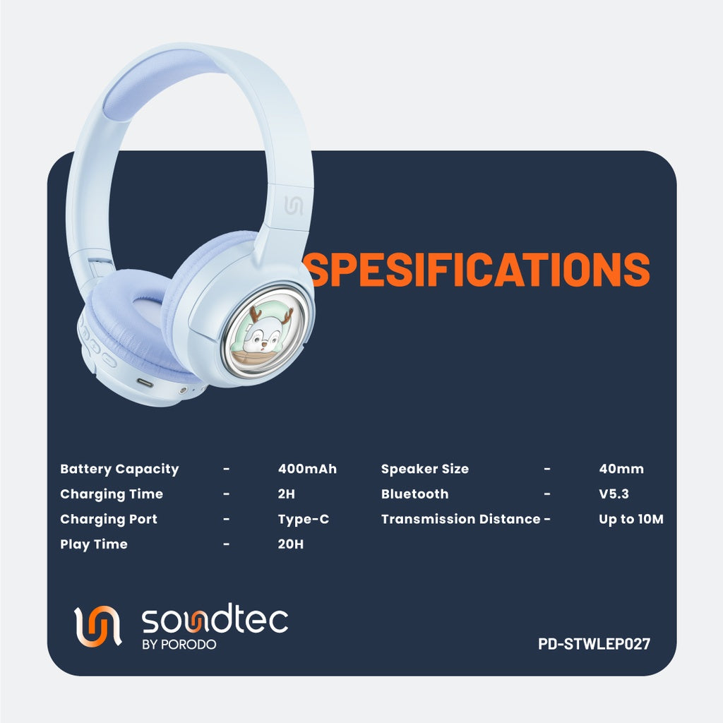 بورودو ساوندتيك سماعة رأس لاسلكية للاطفال ببطارية 400 مللي امبير | Porodo Soundtec Kids Wireless Headphone 400mAh.