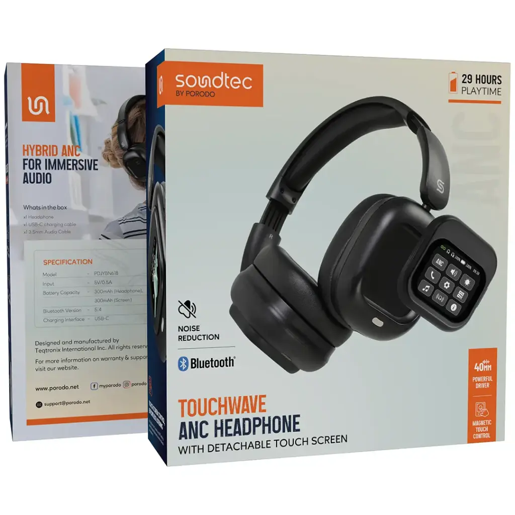 Porodo Soundtec Touchwave ANC Headphone with Detachable Touch Display | سماعة بورودو ساوندتك تاتش ويف بخاصية إلغاء الضوضاء النشطة مع شاشة لمس قابلة للفصل