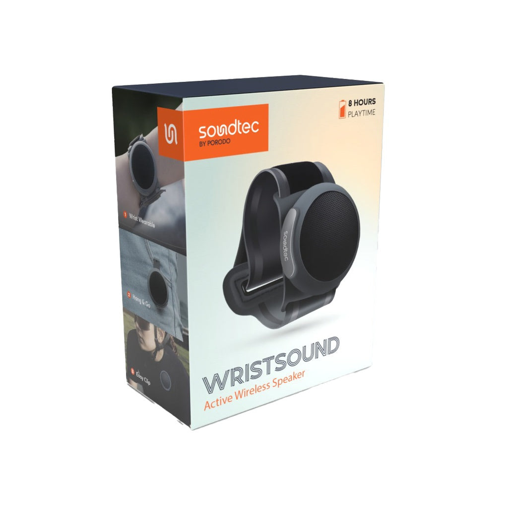 سبيكر بلوتوث رياضي لاسلكي من بورودو ساوندتيك مع سوار معصم - اسود | Porodo Soundtec Sporty Wireless Bluetooth Speaker – Black.