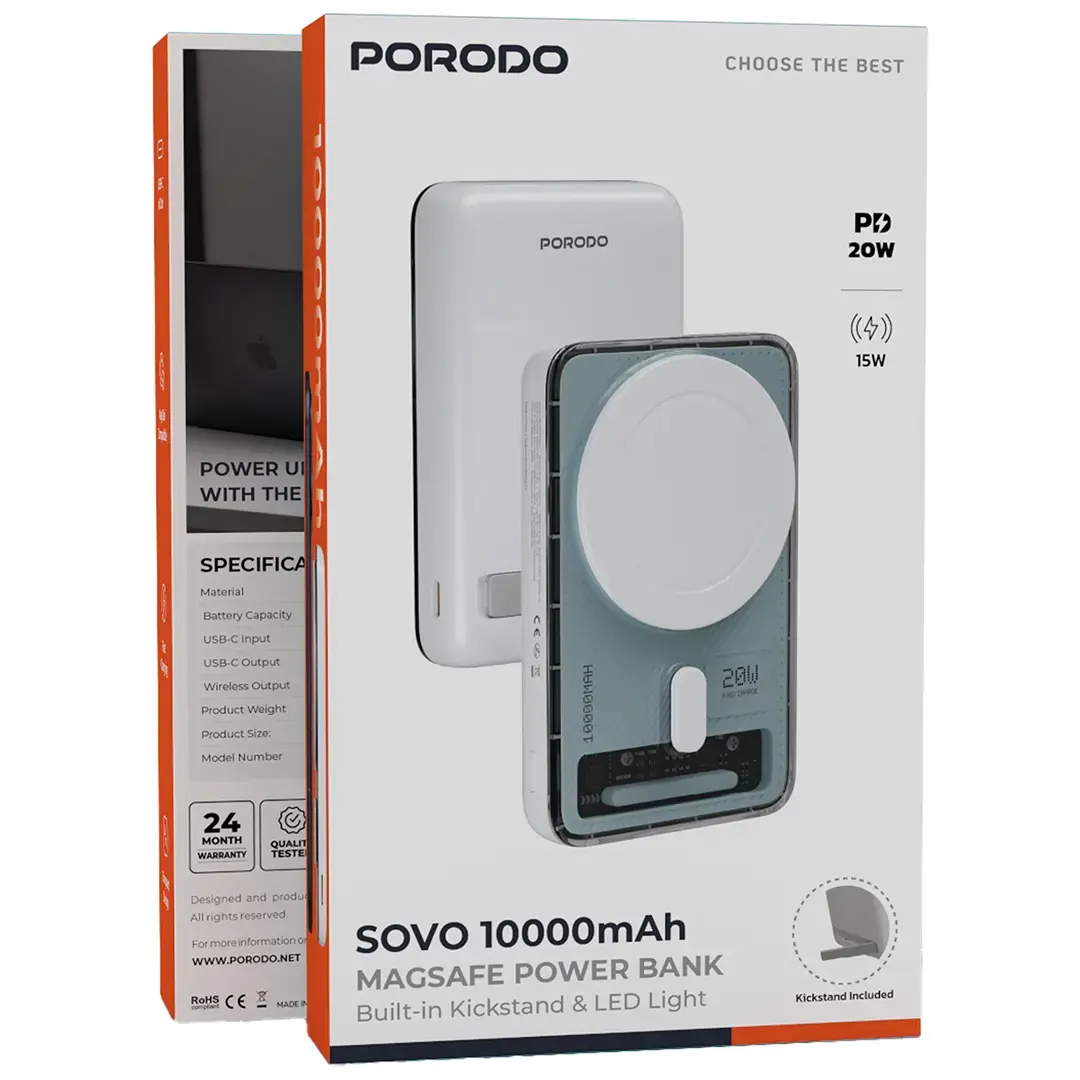 باور بانك بورودو Sovo بسعة 10,000 مللي امبير وبقدرة شحن 20 واط بتصميم شفاف - ابيض | Porodo Sovo PD 20W 10000mAh Powerbank with Transparent Body - White