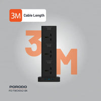 بورودو برج طاقة 12 منفذ مع USB-C PD و QC 3.0 , كيبل بطول 3 متر - اسود | Porodo PD20W QC 3.0 1A + 2 Type C Socket Tower 3M - Black