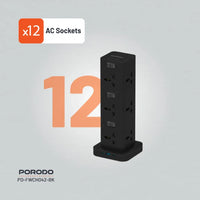 بورودو برج طاقة 12 منفذ مع USB-C PD و QC 3.0 , كيبل بطول 3 متر - اسود | Porodo PD20W QC 3.0 1A + 2 Type C Socket Tower 3M - Black
