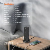 بورودو برج طاقة 12 منفذ مع USB-C PD و QC 3.0 , كيبل بطول 3 متر - اسود | Porodo PD20W QC 3.0 1A + 2 Type C Socket Tower 3M - Black