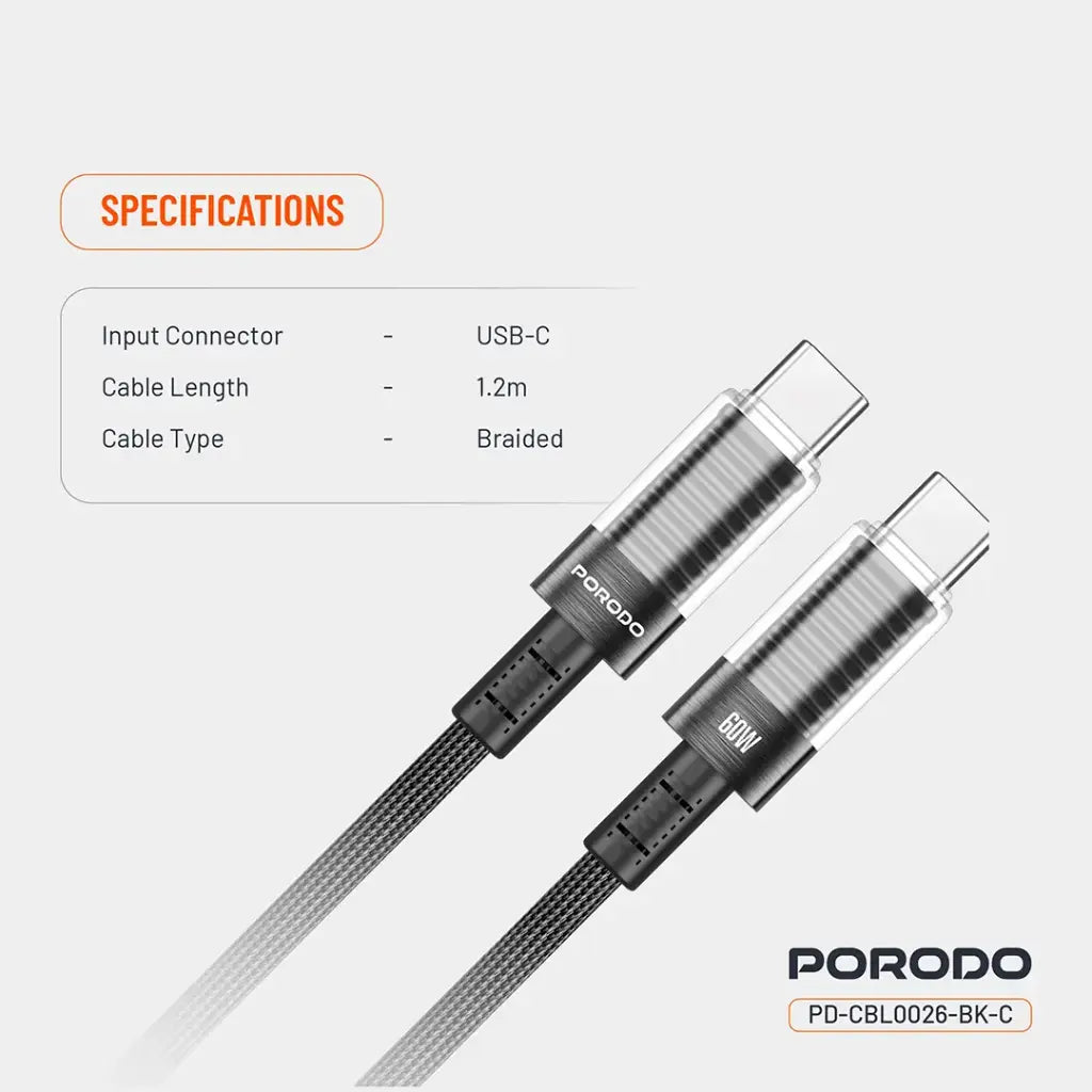 Kabloya Şarjkirina Bilez a Porodo ya 60W PD C ber C bi Serê Şefaf 1.2M - Reş.
