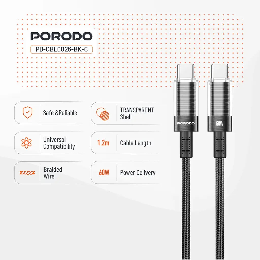 Kabloya Şarjkirina Bilez a Porodo ya 60W PD C ber C bi Serê Şefaf 1.2M - Reş.