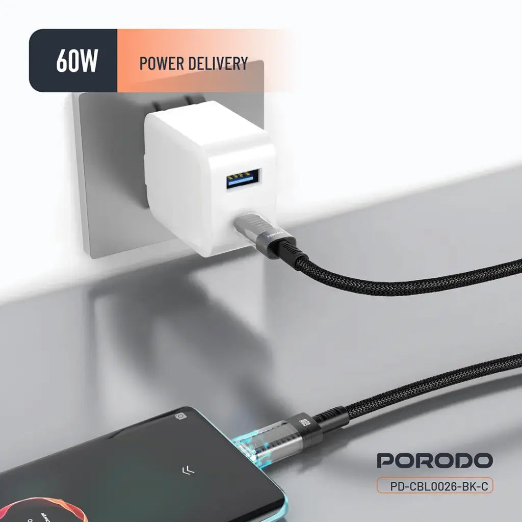 Kabloya Şarjkirina Bilez a Porodo ya 60W PD C ber C bi Serê Şefaf 1.2M - Reş.