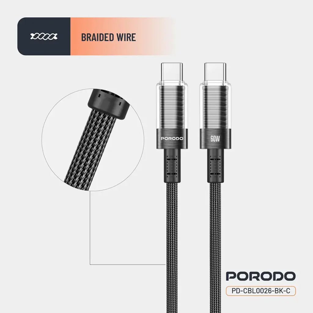 Kabloya Şarjkirina Bilez a Porodo ya 60W PD C ber C bi Serê Şefaf 1.2M - Reş.