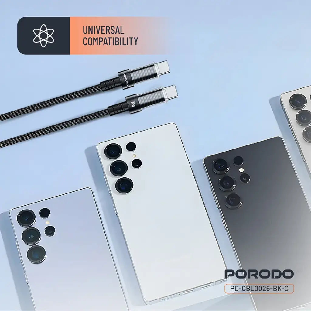 Kabloya Şarjkirina Bilez a Porodo ya 60W PD C ber C bi Serê Şefaf 1.2M - Reş.