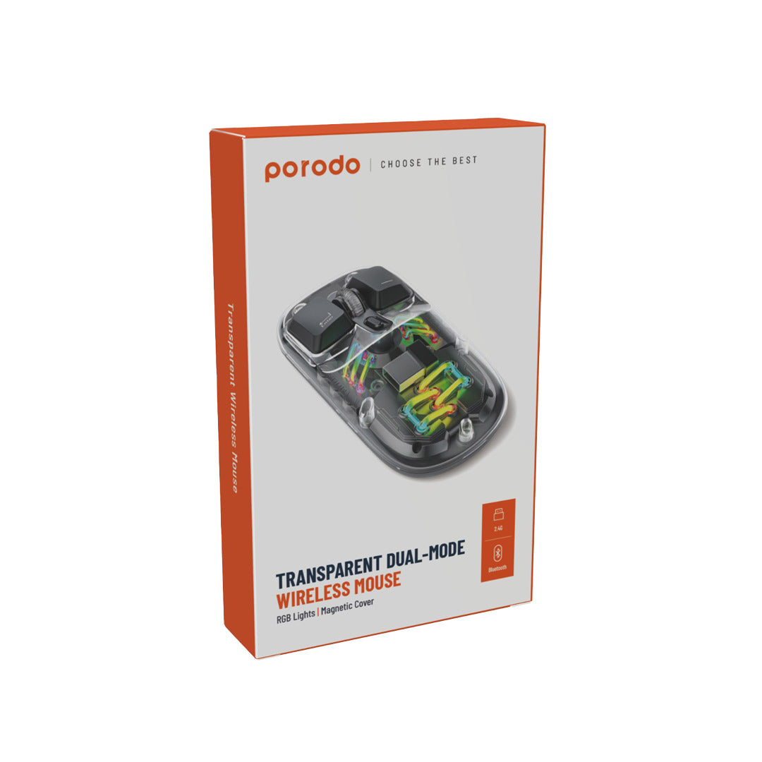ماوس شفاف مزدوج الوضع 2.4G وبلوتوث من بورودو مع اضائة RGB وقابلية ضبط الحساسية | Porodo Transparent Mouse 2.4G and Bluetooth Dual Mode with RGB & Adjustable DPI.