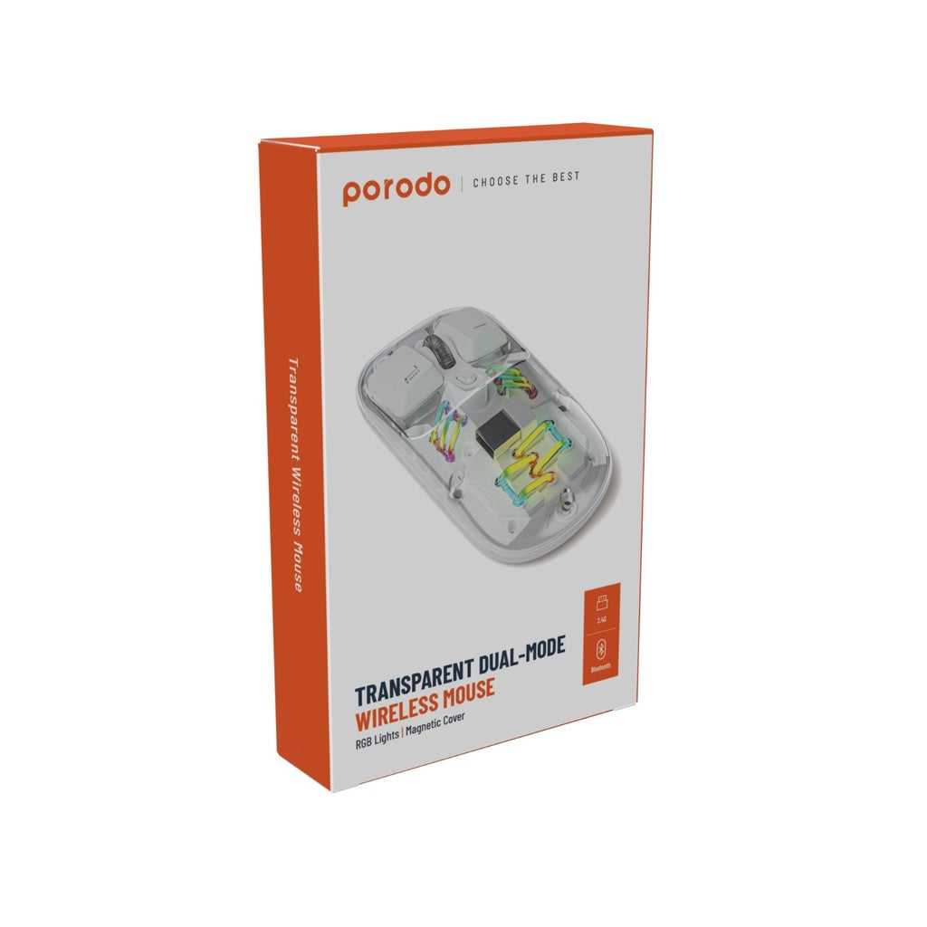 ماوس شفاف مزدوج الوضع 2.4G وبلوتوث من بورودو مع اضائة RGB وقابلية ضبط الحساسية | Porodo Transparent Mouse 2.4G and Bluetooth Dual Mode with RGB & Adjustable DPI.
