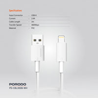 كيبل بورودو يو اس بي اي الى لايتننغ بطول 3 متر, شحن سريع | Porodo USB-A to Lightning PVC Cable 3M.
