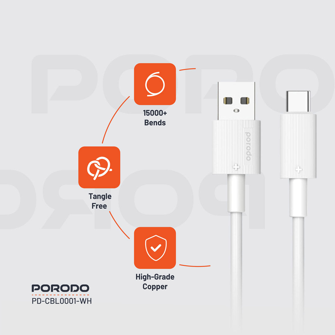 Kabloya Şarjkirinê ya Porodo USB-A ber bi USB-C, 1.2m | Kabloya Şarjkirinê ya Porodo USB-A ber bi Type-C ya PVC ya Berxwedêr 1.2M