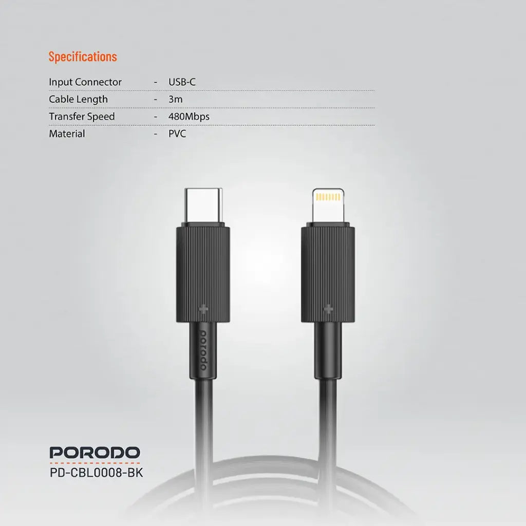 Kabloya Porodo USB-C bo Lightning 3m PVC | Kabloya Porodo Type-C bo Lightning PVC 3m.