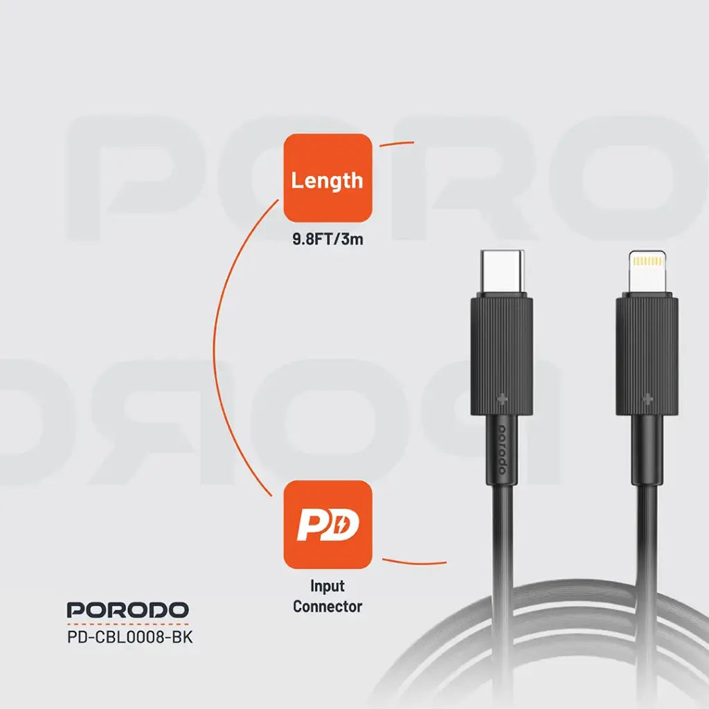 Kabloya Porodo USB-C bo Lightning 3m PVC | Kabloya Porodo Type-C bo Lightning PVC 3m.