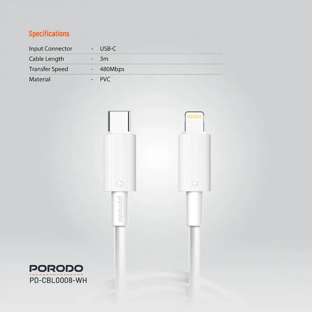 Kabloya Porodo USB-C bo Lightning 3m PVC | Kabloya Porodo Type-C bo Lightning PVC 3m.