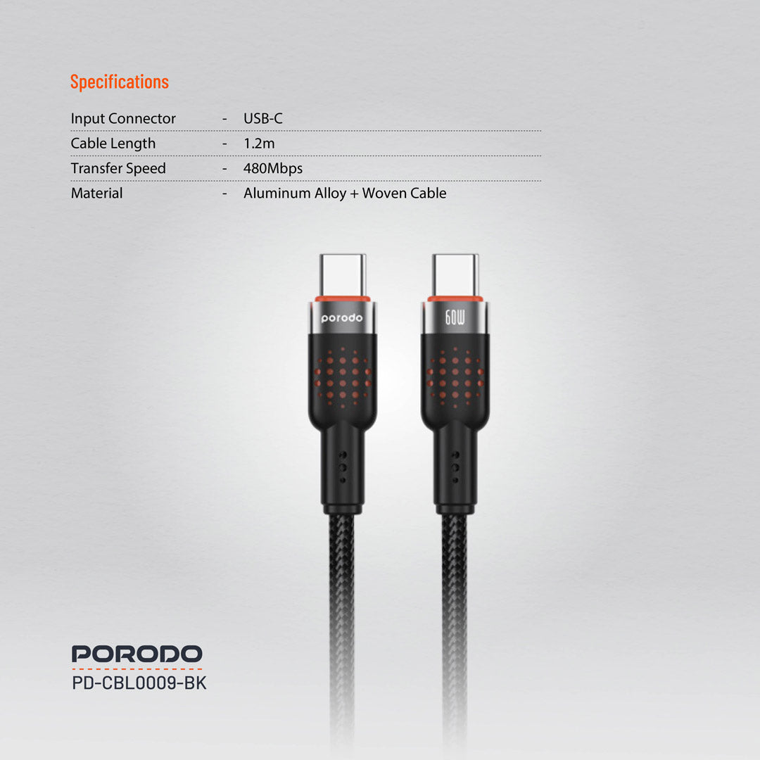 Kabloya USB-C ber bi USB-C ya ji Aluminiumê ya Porodo, 1.2m, Şarjkirina Bilez a 60W | Kabloya Aluminiumê ya Porodo. Kabloya ji Aluminiumê ya ji Aluminiumê ya bi Alloy ve hatî çêkirin, 1.2m