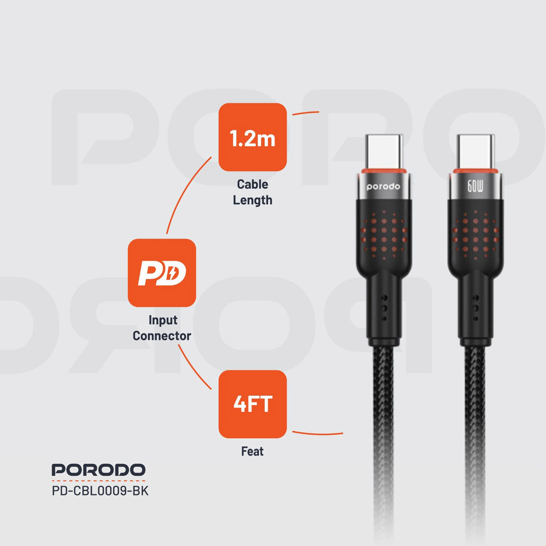 Kabloya USB-C ber bi USB-C ya ji Aluminiumê ya Porodo, 1.2m, Şarjkirina Bilez a 60W | Kabloya Aluminiumê ya Porodo. Kabloya ji Aluminiumê ya ji Aluminiumê ya bi Alloy ve hatî çêkirin, 1.2m