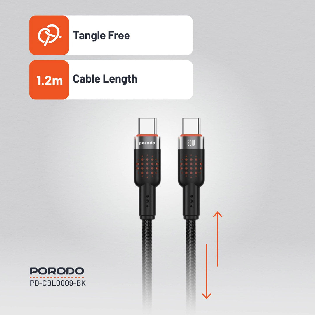 Kabloya USB-C ber bi USB-C ya ji Aluminiumê ya Porodo, 1.2m, Şarjkirina Bilez a 60W | Kabloya Aluminiumê ya Porodo. Kabloya ji Aluminiumê ya ji Aluminiumê ya bi Alloy ve hatî çêkirin, 1.2m