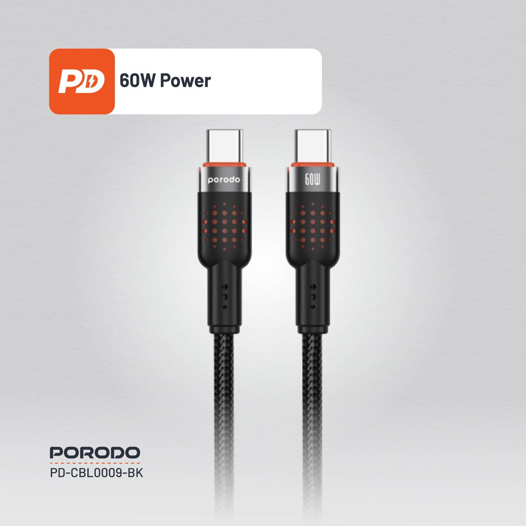 Kabloya USB-C ber bi USB-C ya ji Aluminiumê ya Porodo, 1.2m, Şarjkirina Bilez a 60W | Kabloya Aluminiumê ya Porodo. Kabloya ji Aluminiumê ya ji Aluminiumê ya bi Alloy ve hatî çêkirin, 1.2m