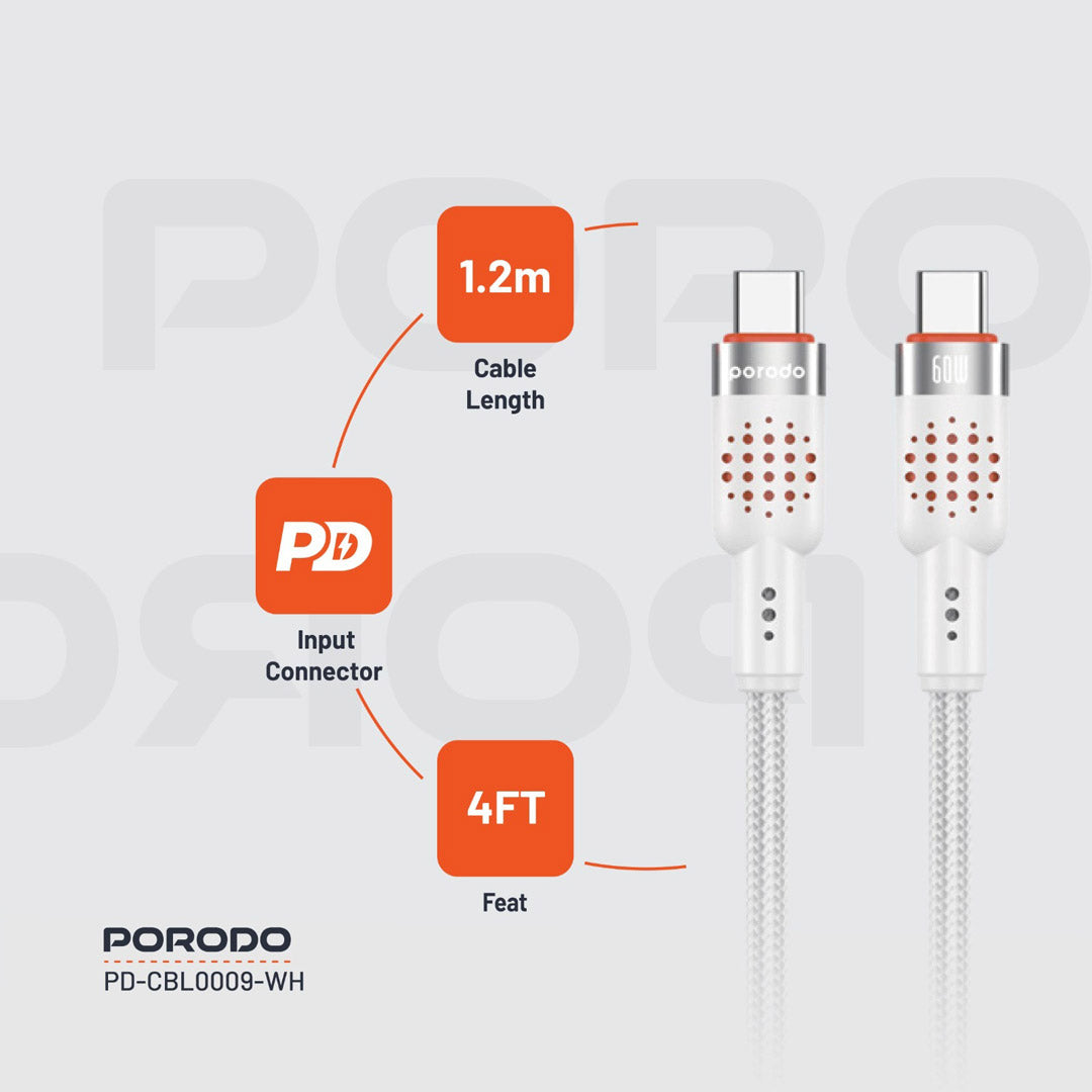 Kabloya USB-C ber bi USB-C ya ji Aluminiumê ya Porodo, 1.2m, Şarjkirina Bilez a 60W | Kabloya Aluminiumê ya Porodo. Kabloya ji Aluminiumê ya ji Aluminiumê ya bi Alloy ve hatî çêkirin, 1.2m