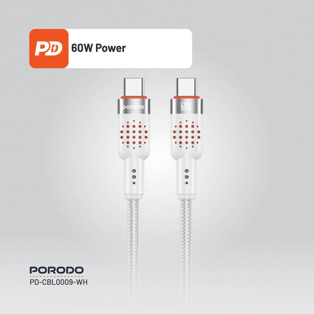Kabloya USB-C ber bi USB-C ya ji Aluminiumê ya Porodo, 1.2m, Şarjkirina Bilez a 60W | Kabloya Aluminiumê ya Porodo. Kabloya ji Aluminiumê ya ji Aluminiumê ya bi Alloy ve hatî çêkirin, 1.2m