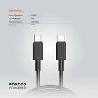 كيبل بورودو يو اس بي سي الى يو اس بي سي بطول 3 متر, شحن سريع 60 واط | Porodo Type-C to C PVC Cable 3M 60W.