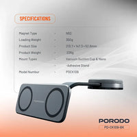 Porodo Vacuum & Adhesive Magnetic Car Mount 360° Full Rotation - Black | حامل هاتف مغناطيسي للسيارة من بورودو بدوران 360 درجة - أسود