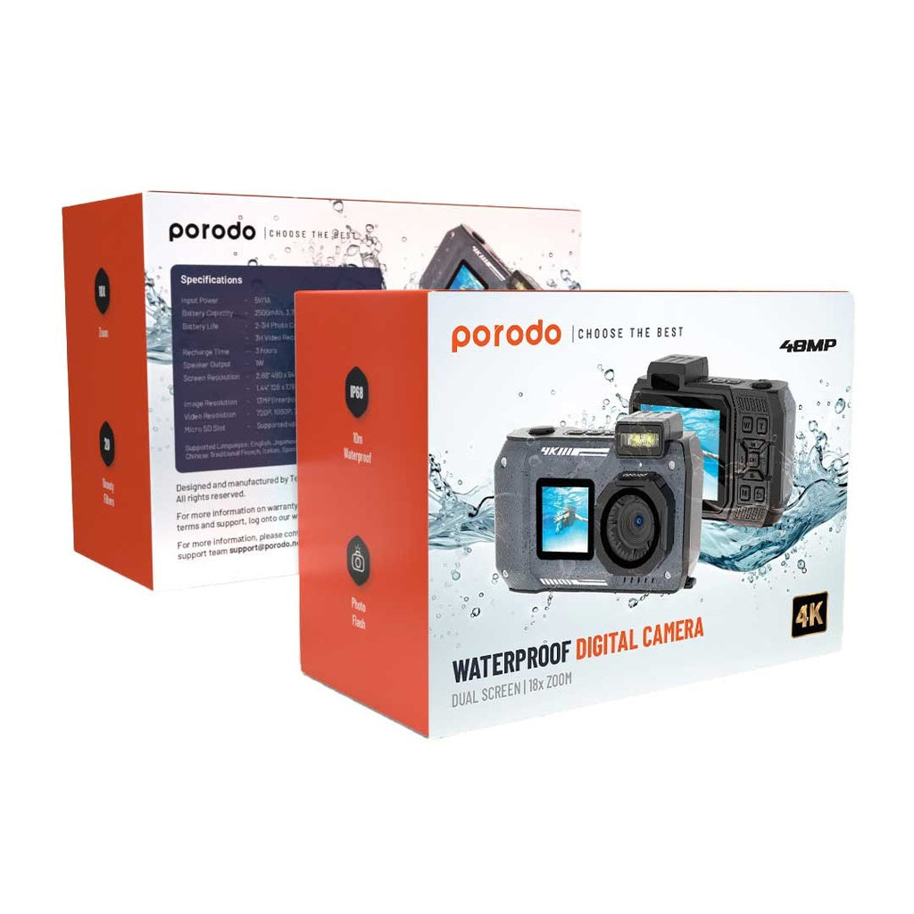 كاميرا رقمية مضادة للماء بدقة 48 ميجابكسل , مع شاشة مزدوجة وزووم 10X من بورودو | Porodo 48MP Full HD IP68 Waterproof Digital Camera with Dual Screens & 10X Zoom