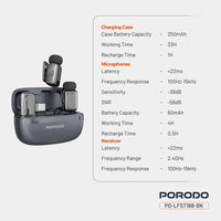 مايكروفون بورودو لاسلكي بمنفذ تايب سي وبسعة بطارية 60 مللي امبير - اسود | Porodo Microphone 60mAh Type-C Port - Black