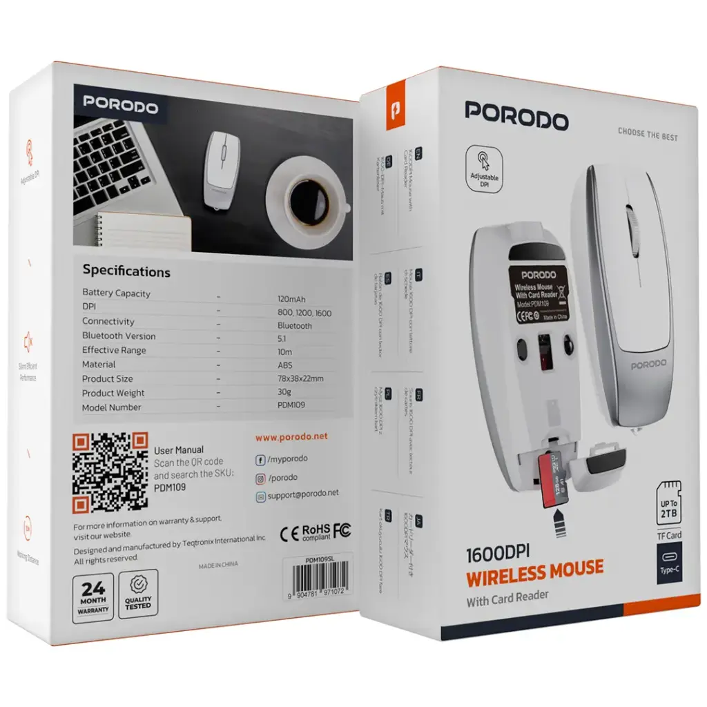 Porodo 1600DPI Wireless Mouse with Card Reader | ماوس بورودو لاسلكي 1600DPI مع قارئ بطاقات
