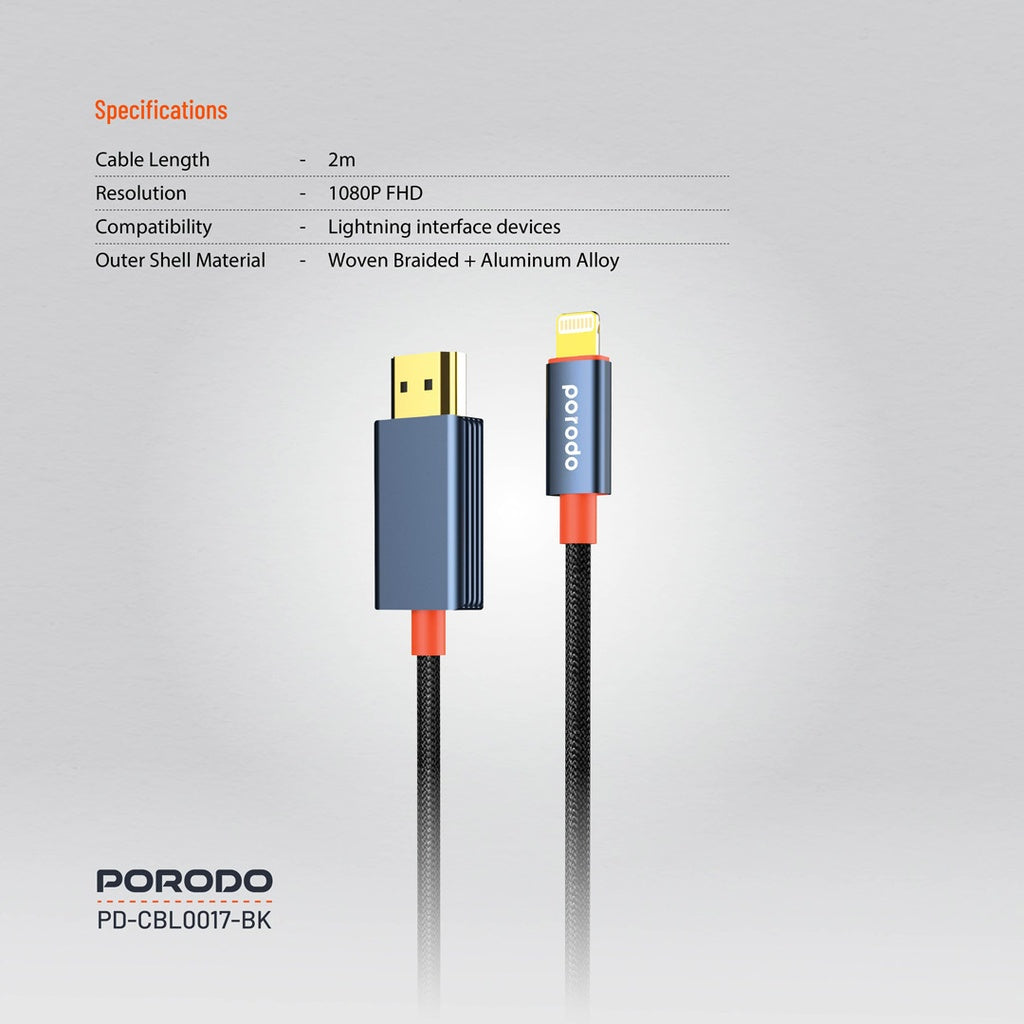 كيبل لايتننغ الى اج دي ام اي من بورودو بنسيج معدني - اسود | Porodo Alum. Alloy Woven Cable Lightning to HDMI 2m – Black