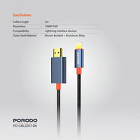 Kabloya Porodo Alum Alloy Woven Lightning bo HDMI - Reş | 2m