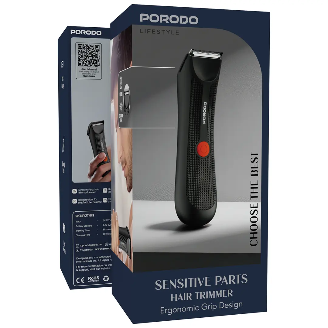 ماكينة حلاقة بورودو Lifestyle للمناطق الحساسة IPX5 قابلة للغسيل 80 دقيقة - أسود | Porodo Lifestyle Sensitive Parts Hair Trimmer Ergonomic IPX5 Washable Black